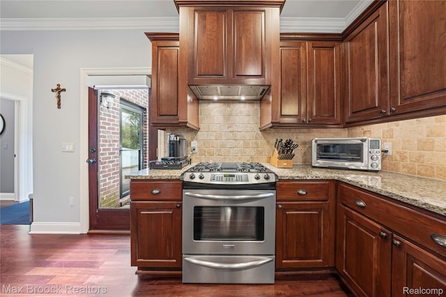 2534 Buckingham Ave, Birmingham, MI 48009 - kitchen with stainless steel range with gas stovetop, dark wood-style flooring, light stone countertops, tasteful backsplash, and crown molding