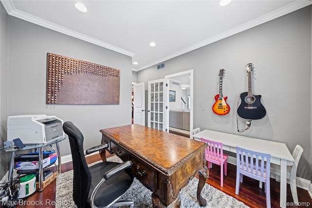 2534 Buckingham Ave, Birmingham, MI 48009 - home office featuring wood finished floors, french doors, ornamental molding, and recessed lighting