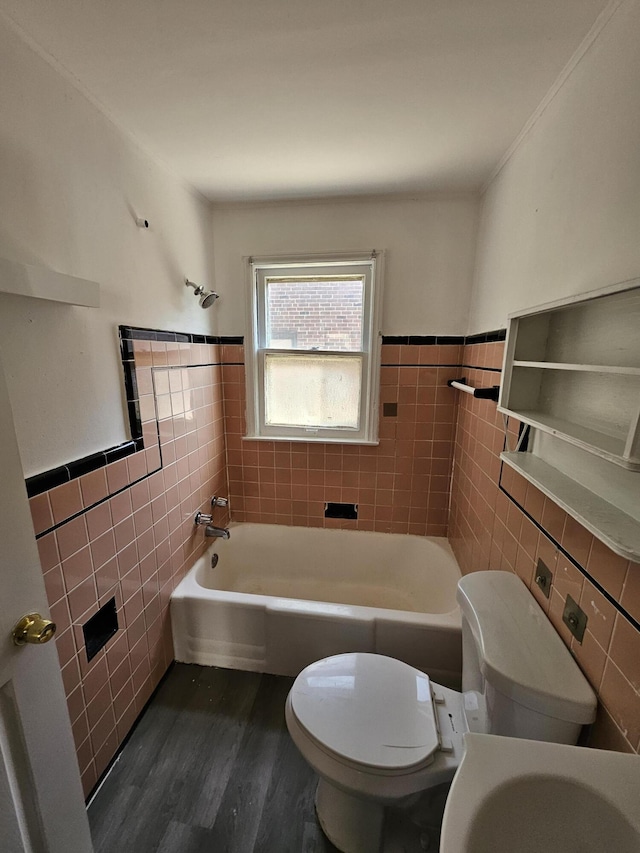 18242 Mendota St, Detroit, MI 48221 - bathroom featuring tile walls, wood finished floors, and a wainscoted wall