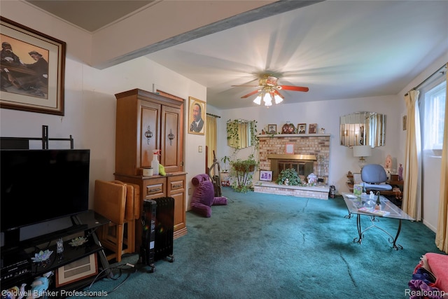 637 Arthur Ave, Pontiac, MI 48341 - carpeted living room with ceiling fan and a fireplace