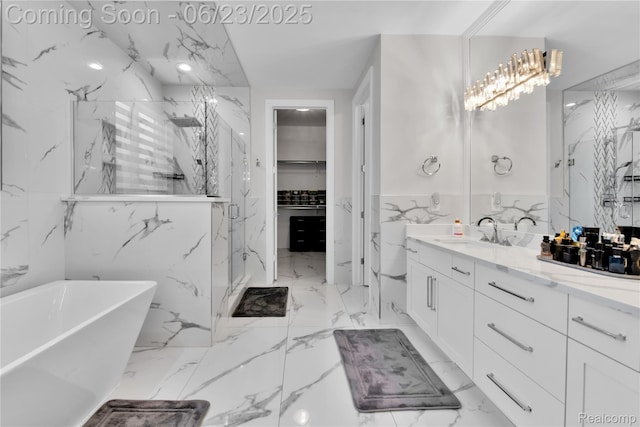 56727 Via Carlotta, Shelby Twp, MI 48042 - full bath with a marble finish shower, vanity, a freestanding bath, tile walls, and marble finish flooring