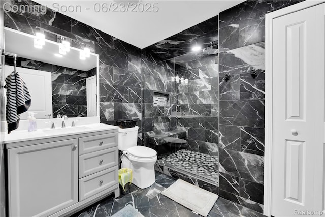 56727 Via Carlotta, Shelby Twp, MI 48042 - full bath with tile walls, marble tiled floors, a marble finish shower, and vanity