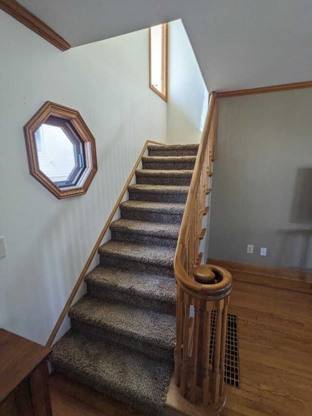 539 Sunset Ln, East Lansing, MI 48823 - stairway featuring wood finished floors and ornamental molding