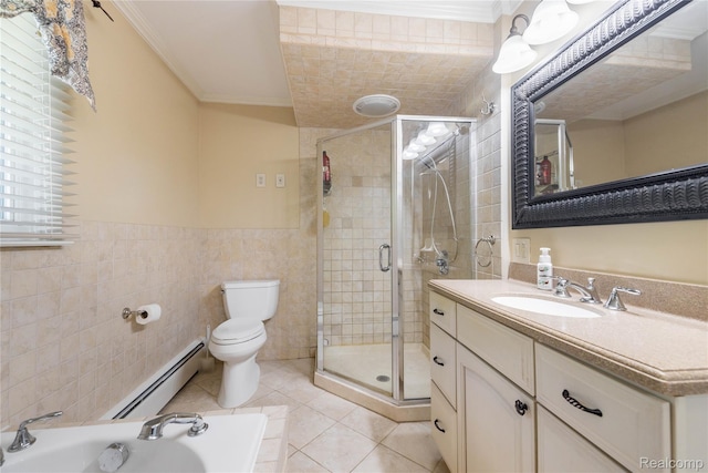 19891 Parke Ln, Grosse Ile, MI 48138 - bathroom with baseboard heating, vanity, crown molding, a stall shower, and tile walls
