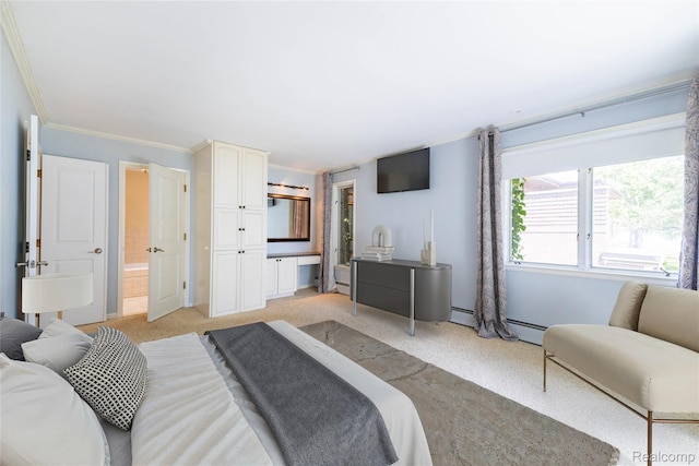 19891 Parke Ln, Grosse Ile, MI 48138 - bedroom with ornamental molding, light carpet, connected bathroom, and baseboard heating