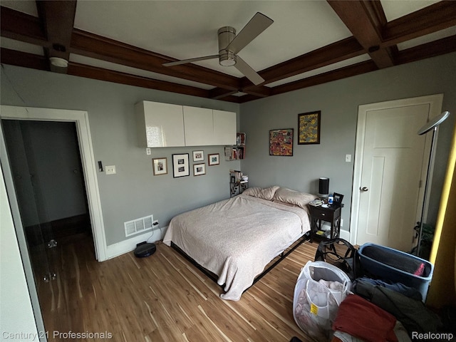 2118 Vinewood St, Detroit, MI 48216 - bedroom with coffered ceiling, wood finished floors, beamed ceiling, and ceiling fan