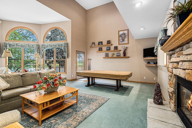 11683 Fair Lk, Delton, MI 49046 - rec room featuring carpet floors, a high ceiling, a fireplace, and pool table