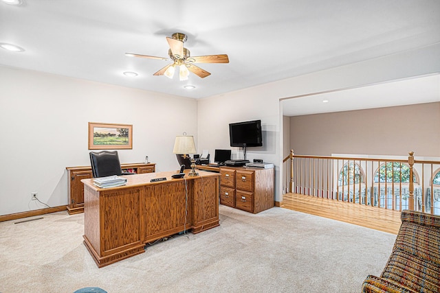 11683 Fair Lk, Delton, MI 49046 - office space with a ceiling fan, light carpet, and recessed lighting