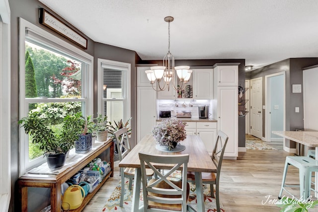 278 Caravan Rd, Norton Shores, MI 49441 - dining space with a chandelier, healthy amount of natural light, light wood-type flooring, and a textured ceiling