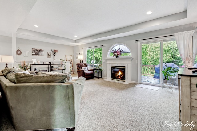 278 Caravan Rd, Norton Shores, MI 49441 - living area with carpet floors, a raised ceiling, a premium fireplace, healthy amount of natural light, and recessed lighting