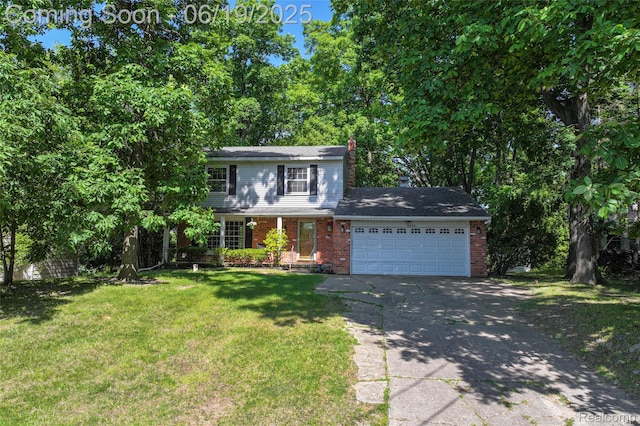 12260 Dollar Lake Dr, Fenton, MI 48430 - traditional-style house featuring concrete driveway, a garage, brick siding, a front yard, and a chimney