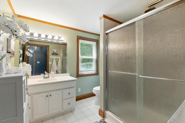 8368 N 46th St, Augusta, MI 49012 - bathroom featuring vanity, a shower stall, tile patterned flooring, and ornamental molding