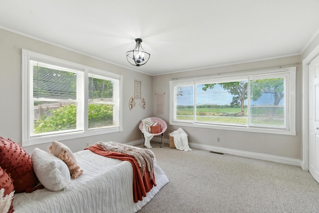 8368 N 46th St, Augusta, MI 49012 - bedroom featuring ornamental molding, a chandelier, and carpet flooring