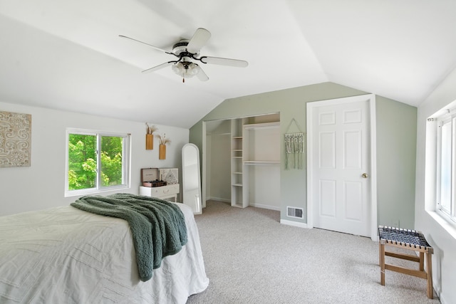 8368 N 46th St, Augusta, MI 49012 - bedroom featuring lofted ceiling, carpet, a closet, and a ceiling fan