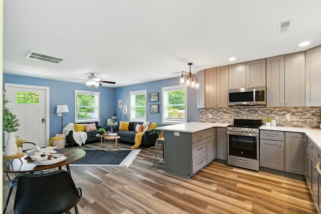 8368 N 46th St, Augusta, MI 49012 - kitchen with appliances with stainless steel finishes, gray cabinets, a peninsula, open floor plan, and tasteful backsplash
