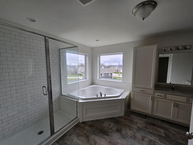 8781 Prairie Stone Dr SW, Byron Center, MI 49315 - bathroom with a stall shower, a garden tub, vanity, and wood finished floors