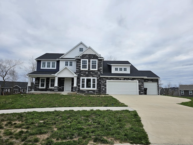 8781 Prairie Stone Dr SW, Byron Center, MI 49315 - craftsman house with stone siding, driveway, a front lawn, a porch, and an attached garage
