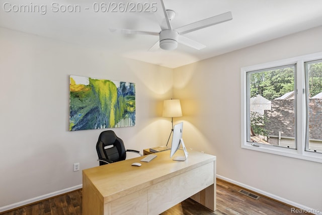 5520 Huron Hills Dr, Commerce Twp, MI 48382 - office with ceiling fan and dark wood-style flooring