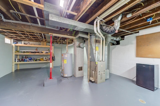 28 E Southern Ave, Muskegon, MI 49442 - unfinished below grade area with water heater, heating unit, and concrete block wall