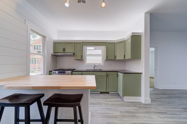 28 E Southern Ave, Muskegon, MI 49442 - kitchen featuring green cabinetry, a breakfast bar area, wooden counters, and decorative backsplash