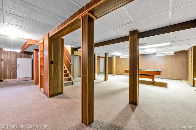 23719 Wendy Ln, Southfield, MI 48075 - finished basement with a drop ceiling, carpet, stairs, wood walls, and pool table