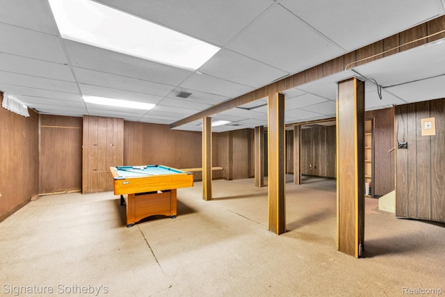 23719 Wendy Ln, Southfield, MI 48075 - recreation room featuring billiards table, wood walls, a paneled ceiling, and carpet floors
