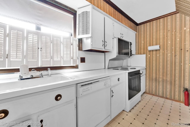 23719 Wendy Ln, Southfield, MI 48075 - kitchen with white appliances, wallpapered walls, light countertops, white cabinetry, and light flooring