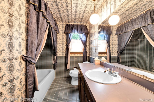 23719 Wendy Ln, Southfield, MI 48075 - full bath with tile patterned floors, vanity, tile walls, and wallpapered walls