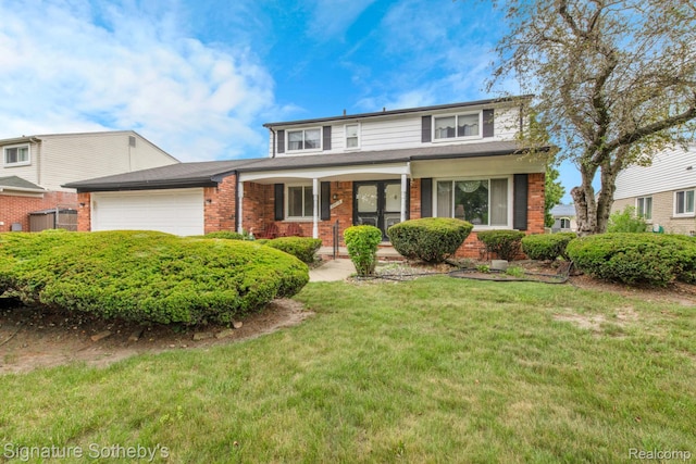 23719 Wendy Ln, Southfield, MI 48075 - traditional home with an attached garage, brick siding, a front yard, and a porch