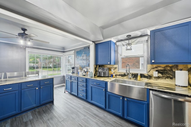 1333 N Franklin St, Dearborn, MI 48128 - kitchen with dishwasher, blue cabinetry, wood finished floors, ceiling fan, and backsplash