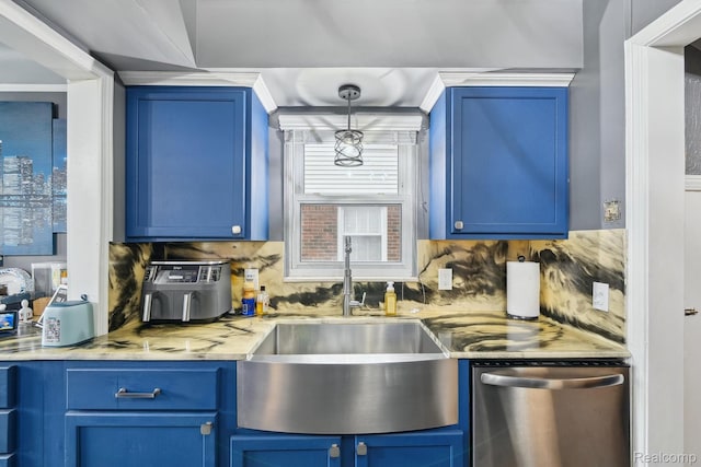 1333 N Franklin St, Dearborn, MI 48128 - kitchen with dishwasher, blue cabinets, decorative backsplash, and light countertops