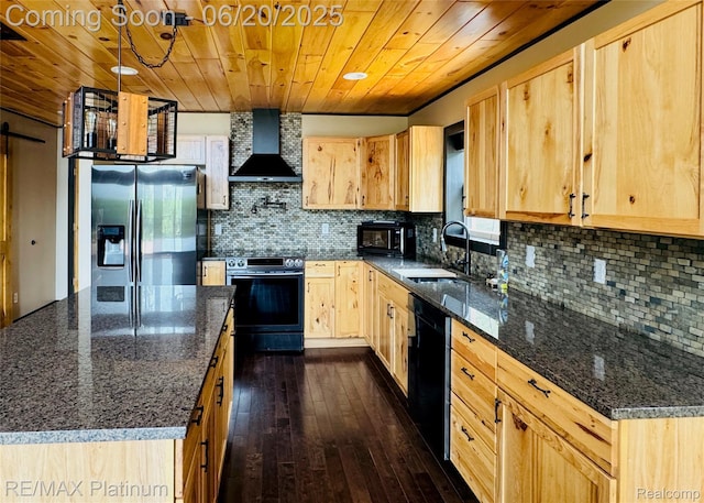 3199 N Loop Ct, Middleville, MI 49333 - kitchen with stainless steel appliances, wall chimney exhaust hood, wood ceiling, light brown cabinetry, and decorative backsplash