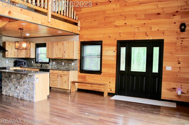 3199 N Loop Ct, Middleville, MI 49333 - kitchen with light brown cabinetry, stainless steel appliances, dark wood-style flooring, tasteful backsplash, and wood walls