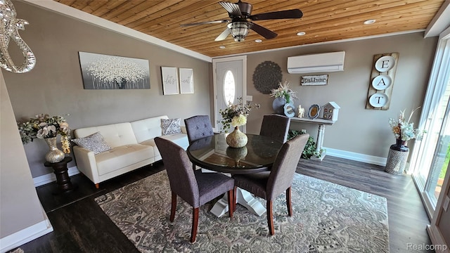 3900 Hillcrest, Highland, MI 48356 - dining area featuring a wall mounted AC, wooden ceiling, a ceiling fan, wood finished floors, and crown molding