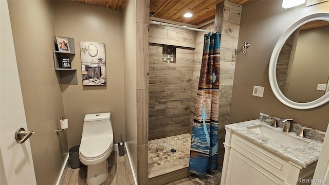 3900 Hillcrest, Highland, MI 48356 - bathroom featuring wood ceiling, vanity, a stall shower, recessed lighting, and wood finished floors