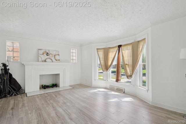 15477 Lauder St, Detroit, MI 48227 - unfurnished living room featuring a textured ceiling, wood finished floors, and a fireplace with flush hearth