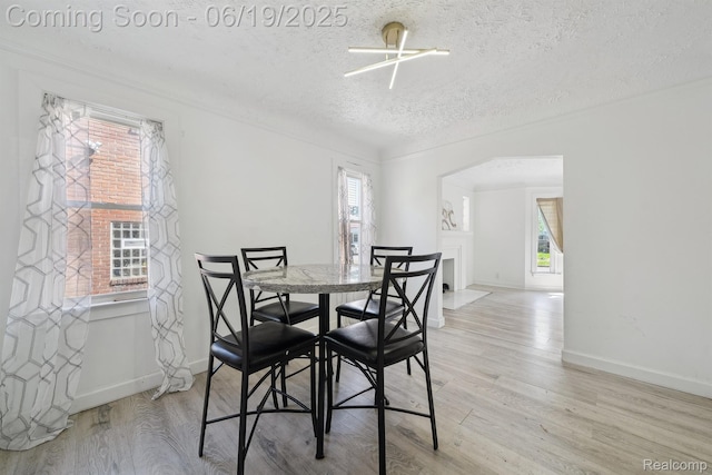 15477 Lauder St, Detroit, MI 48227 - dining area with light wood-style floors, a textured ceiling, and arched walkways