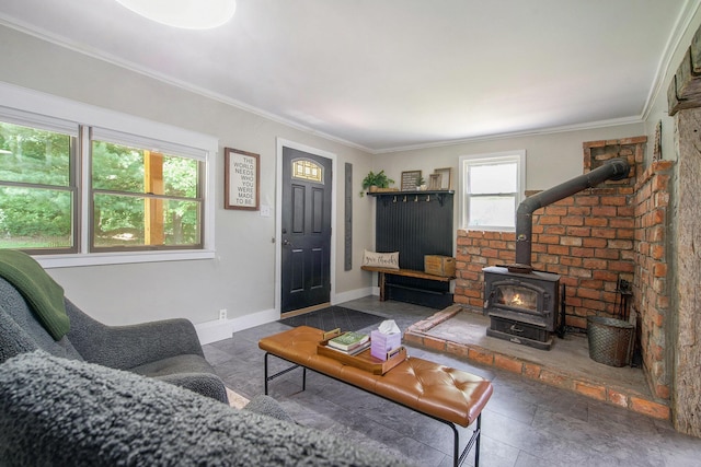 8041 Donovan Rd, Dexter, MI 48130 - living area featuring a wood stove and ornamental molding