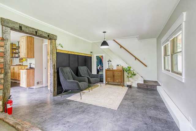 8041 Donovan Rd, Dexter, MI 48130 - living area with crown molding and stairway