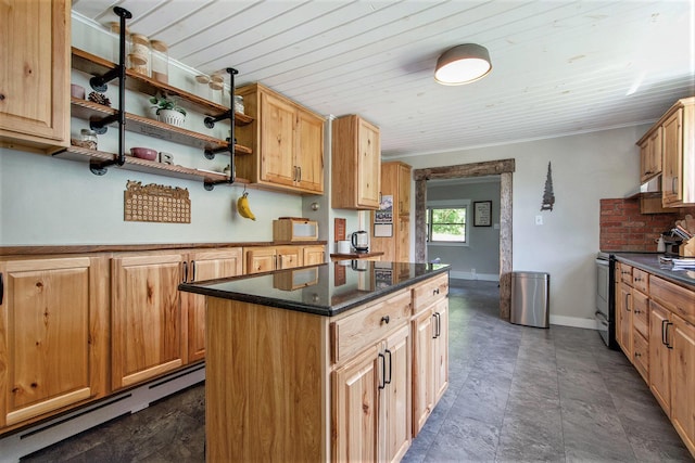8041 Donovan Rd, Dexter, MI 48130 - kitchen featuring a baseboard radiator, stainless steel electric range oven, a center island, dark stone countertops, and wood ceiling