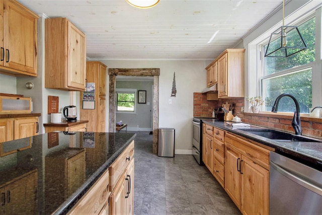 8041 Donovan Rd, Dexter, MI 48130 - kitchen with stainless steel appliances, light brown cabinetry, ornamental molding, dark stone countertops, and pendant lighting