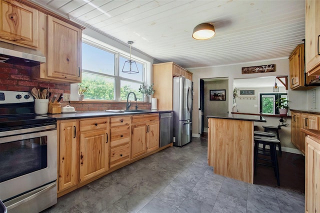 8041 Donovan Rd, Dexter, MI 48130 - kitchen featuring stainless steel appliances, dark countertops, under cabinet range hood, a breakfast bar, and wood ceiling