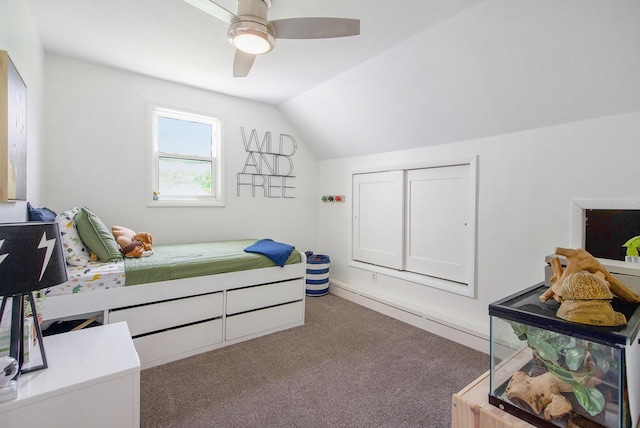 8041 Donovan Rd, Dexter, MI 48130 - carpeted bedroom with lofted ceiling and a ceiling fan