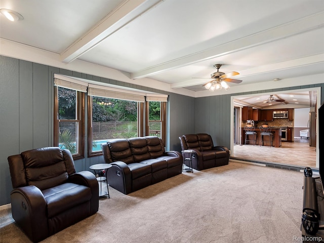 1890 Ludgate Ln, Rochester Hills, MI 48309 - carpeted living area featuring ceiling fan and beam ceiling