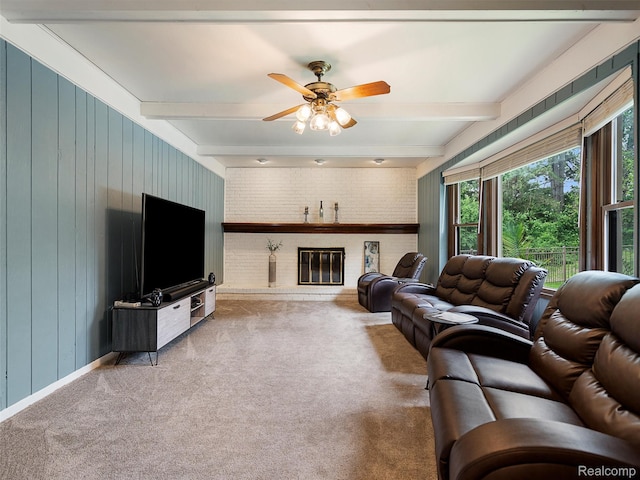 1890 Ludgate Ln, Rochester Hills, MI 48309 - carpeted living area with beam ceiling, a ceiling fan, a brick fireplace, wooden walls, and brick wall