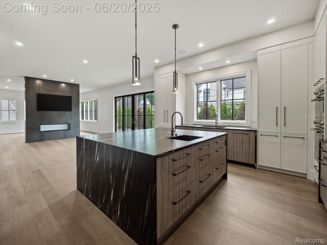 1120 Lyonhurst St, Birmingham, MI 48009 - kitchen featuring modern cabinets, light wood-type flooring, recessed lighting, plenty of natural light, and an island with sink