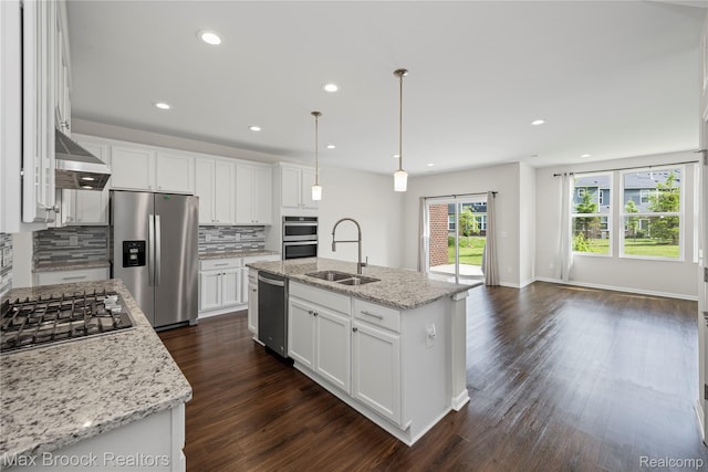 43629 Prospect Unit 102, Novi, MI 48375 - kitchen featuring stainless steel appliances, exhaust hood, backsplash, white cabinetry, and dark wood finished floors
