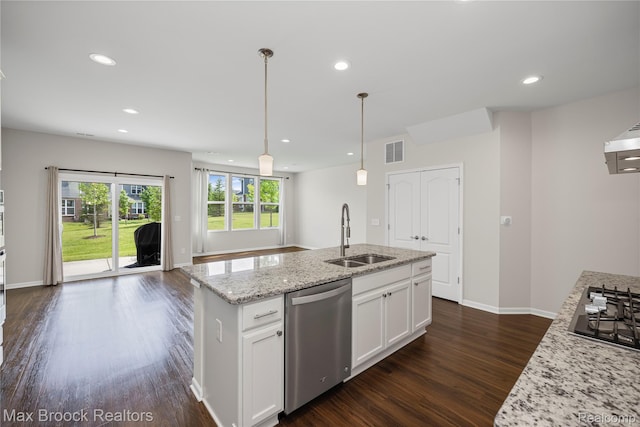 43629 Prospect Unit 102, Novi, MI 48375 - kitchen with stainless steel appliances, dark wood finished floors, open floor plan, white cabinets, and light stone countertops