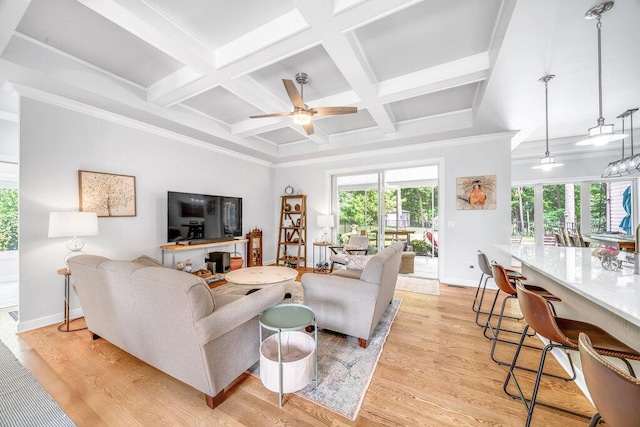 6143 Pheasant Ct, Berrien Springs, MI 49103 - living room with a ceiling fan, coffered ceiling, light wood-type flooring, beamed ceiling, and crown molding