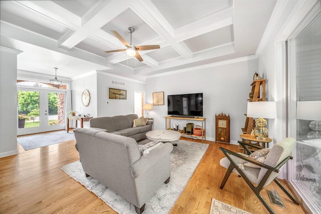 6143 Pheasant Ct, Berrien Springs, MI 49103 - living area featuring ceiling fan, beamed ceiling, french doors, light wood finished floors, and coffered ceiling